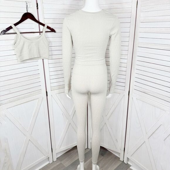 JoyLab Textured Seamless Three Piece Top Bra Leggings Set Beige Tan Small XS - Picture 5 of 14